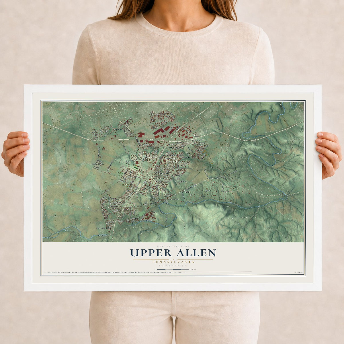 Map of Upper Allen, Pennsylvania, 12 x 18 inch print in a white wood frame