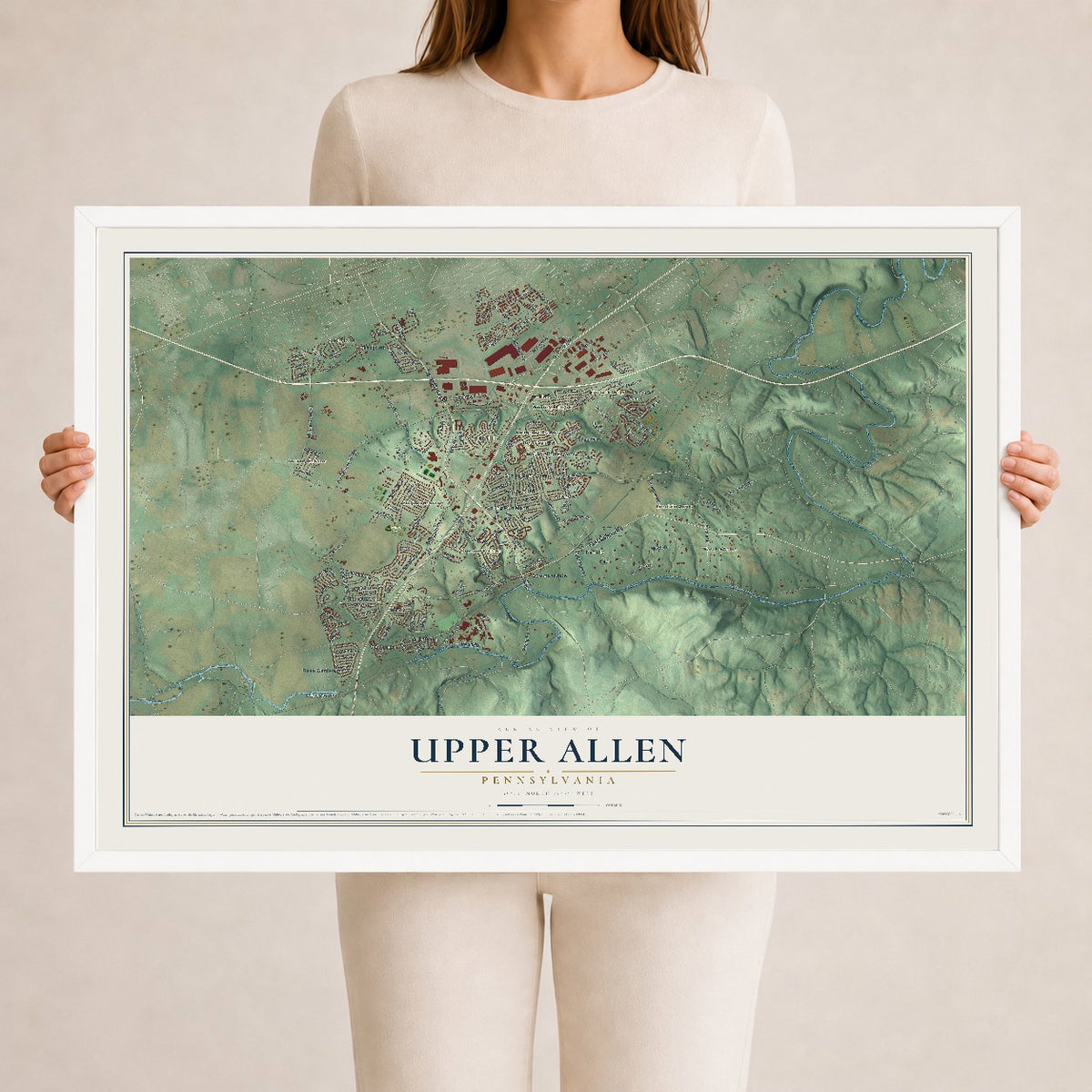Map of Upper Allen, Pennsylvania, 24 x 36 inch print in a white wood frame