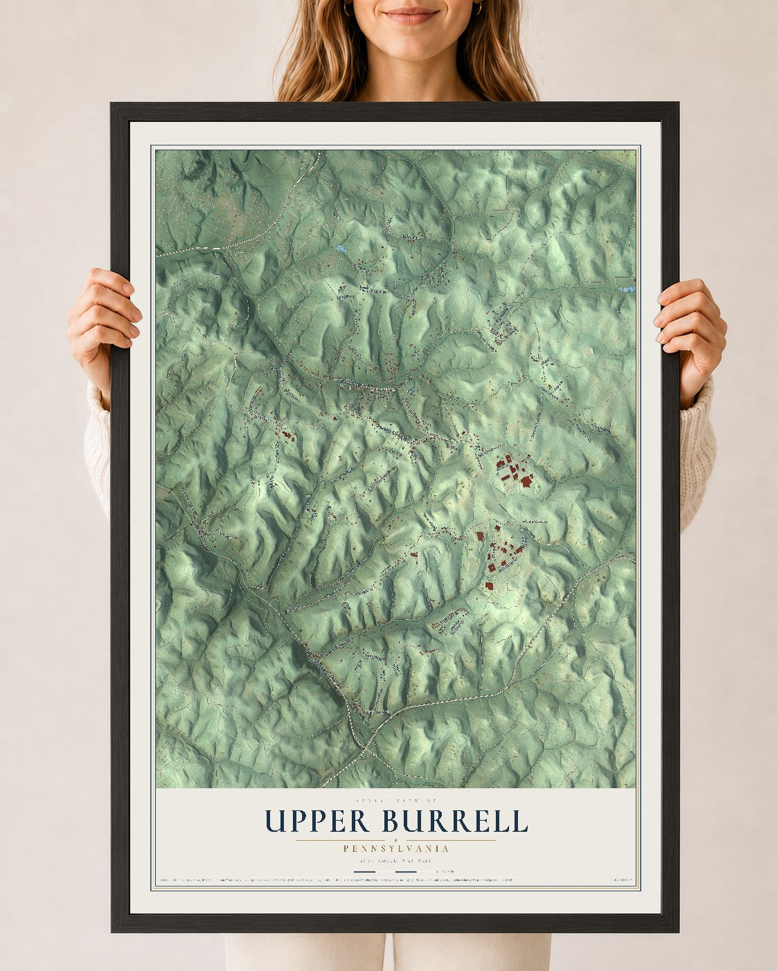 Map of Upper Burrell, Pennsylvania, 24 x 36 inch print in a black wood frame
