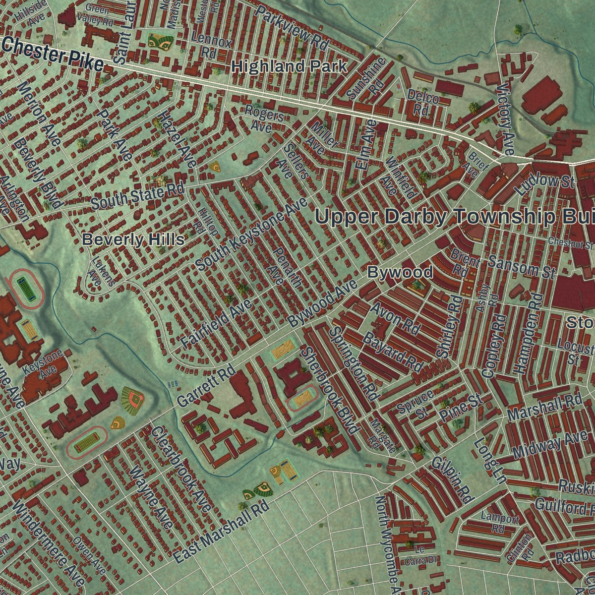 Second close-up of the map of Upper Darby, Pennsylvania print showing more streets and buildings