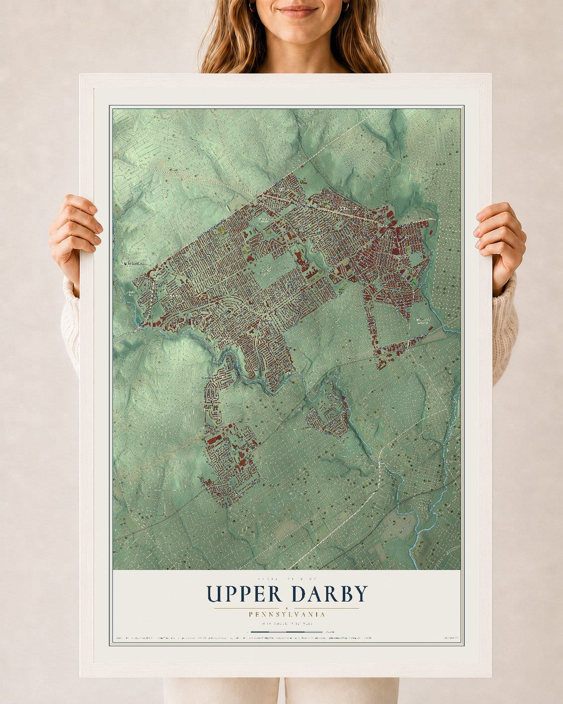 Map of Upper Darby, Pennsylvania, 24 x 36 inch print in a white wood frame