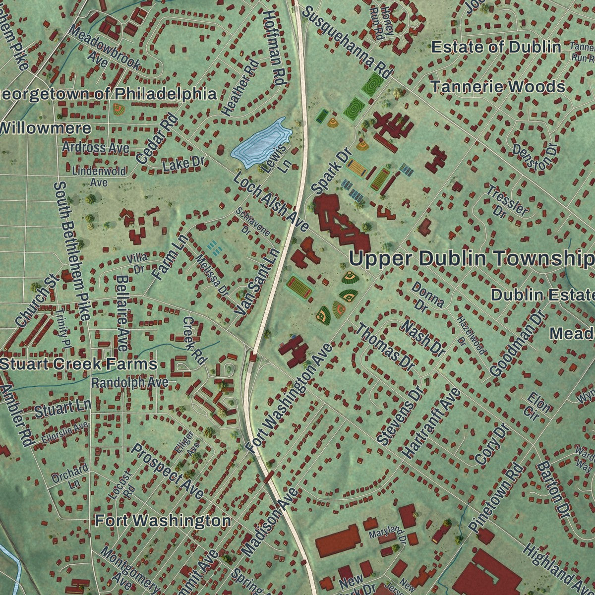 Close-up of the map of Upper Dublin, Pennsylvania print showing street and building detail