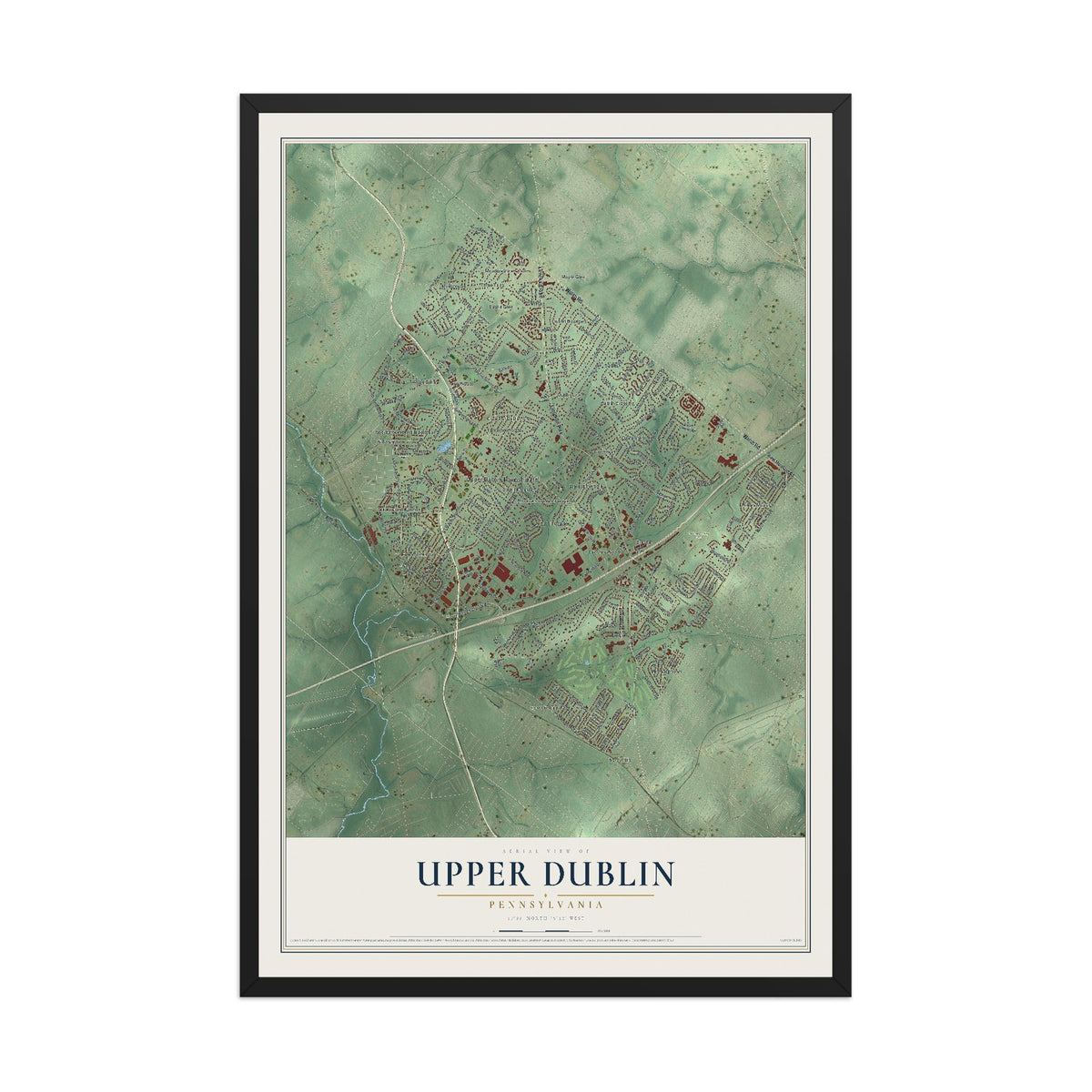 Map of Upper Dublin, Pennsylvania, 12 x 18 inch print in a black wood frame
