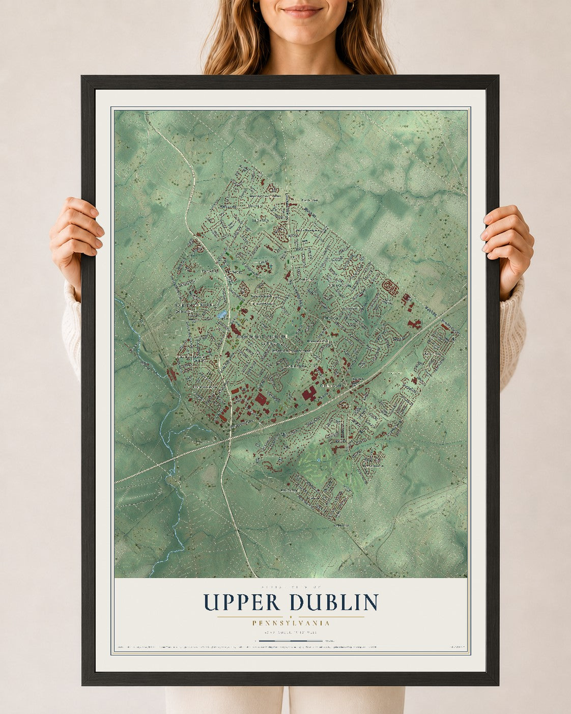 Map of Upper Dublin, Pennsylvania, 24 x 36 inch print in a black wood frame