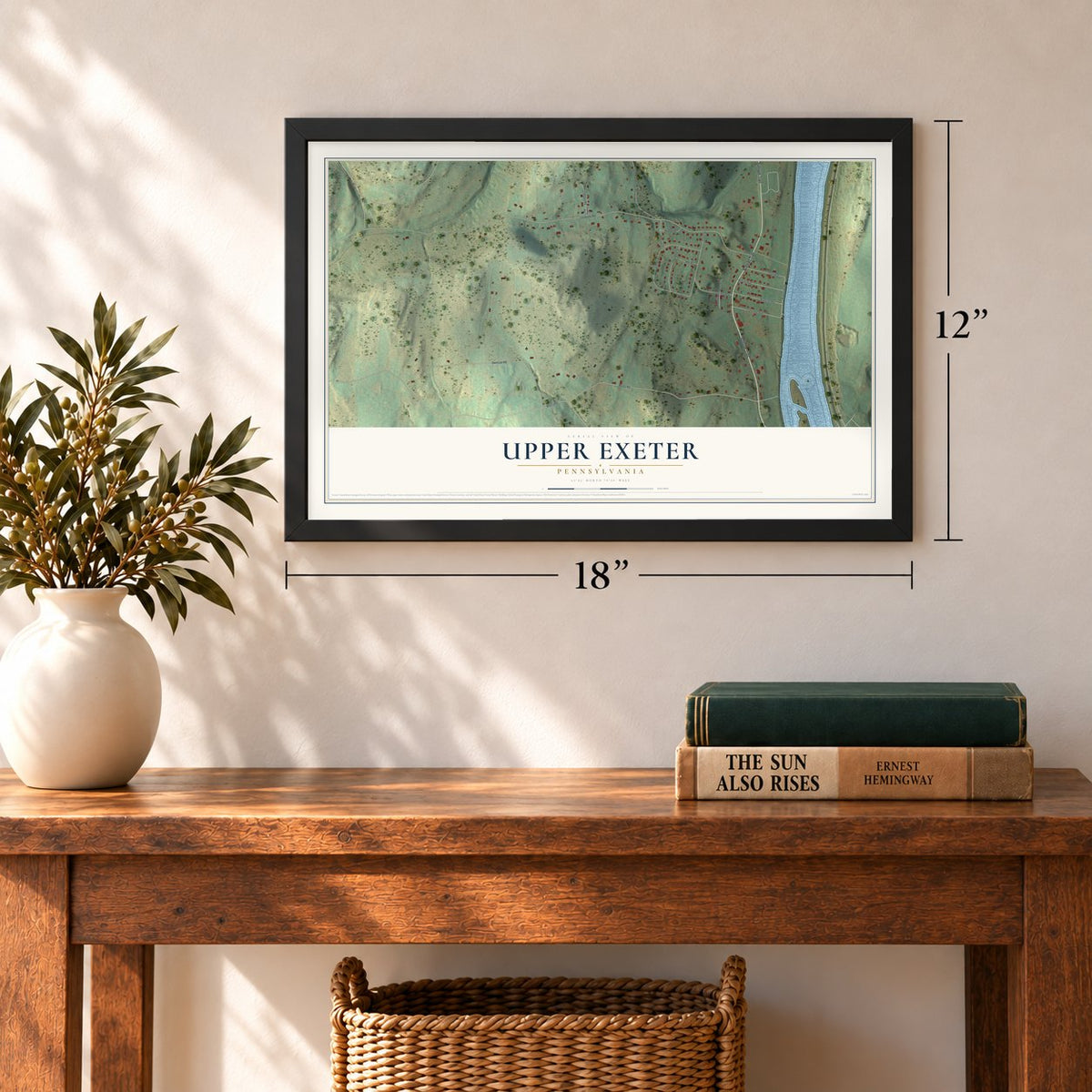 Upper Exeter, Pennsylvania map, 12 x 18 inch print in a black frame in an entryway
