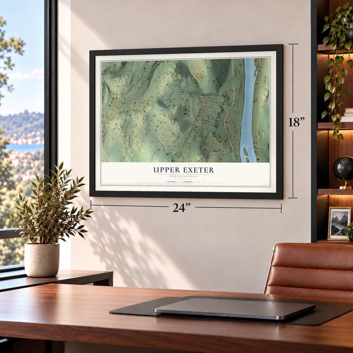 Upper Exeter, Pennsylvania map, 18 x 24 inch print in a black frame in a home office