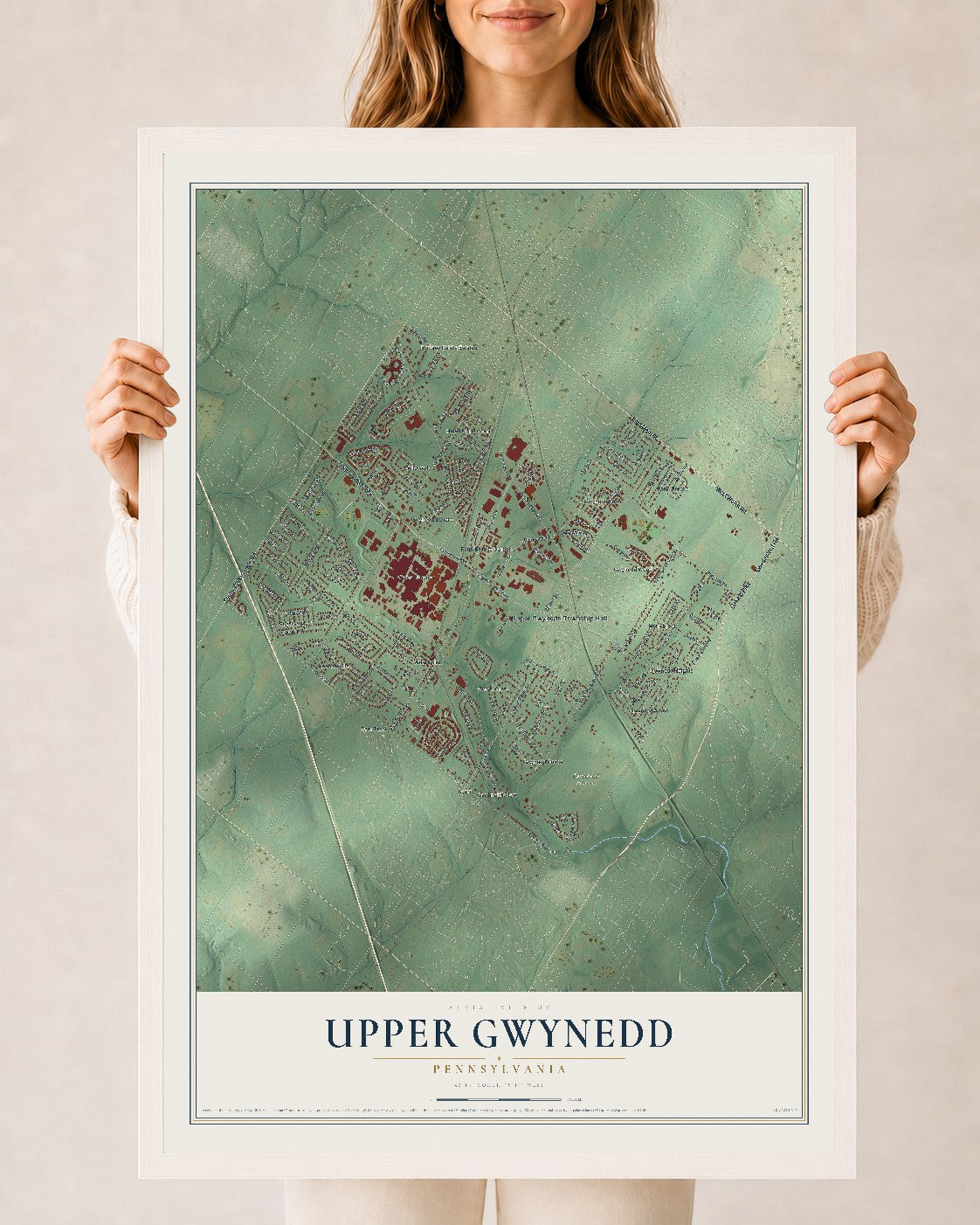 Map of Upper Gwynedd, Pennsylvania, 24 x 36 inch print in a white wood frame