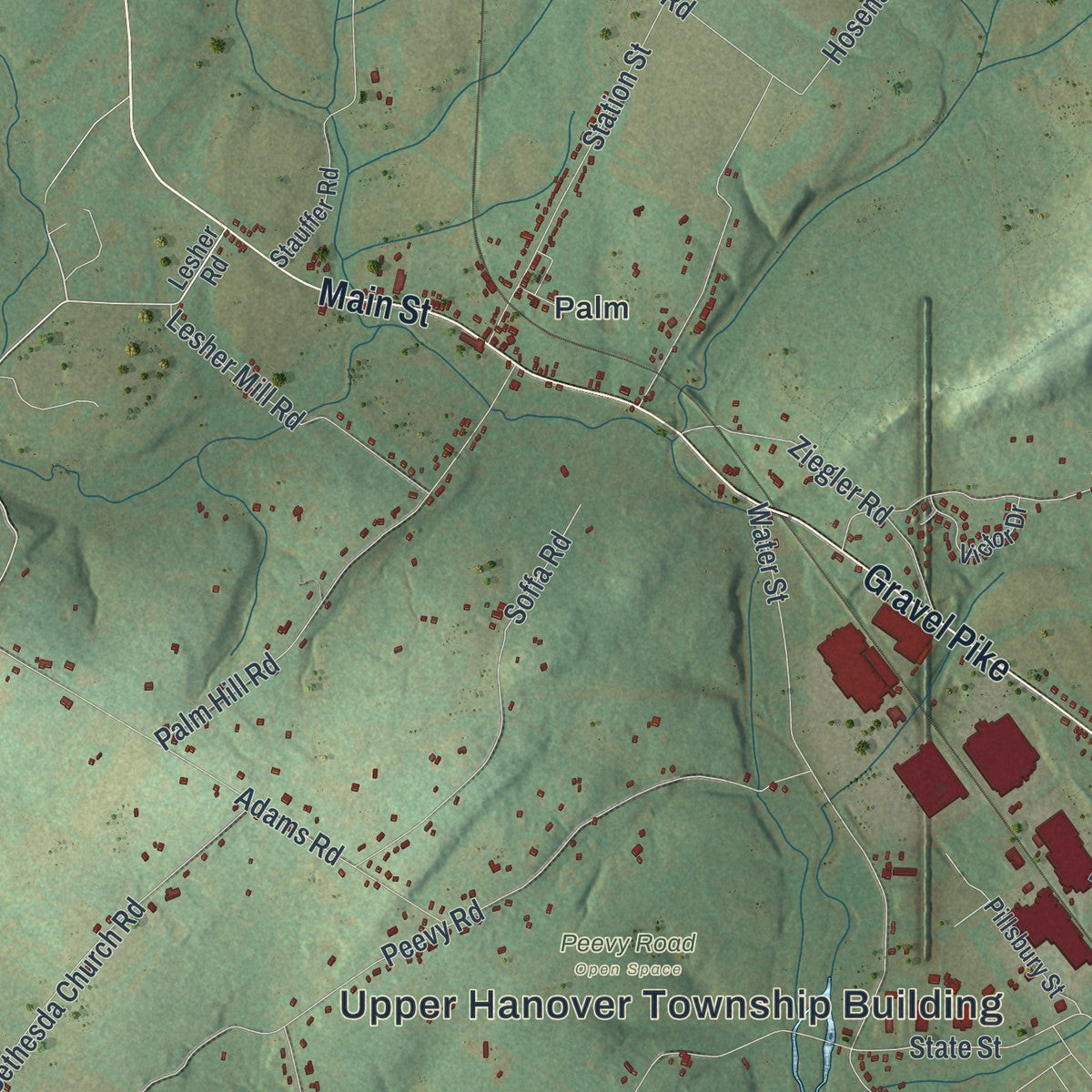 Second close-up of the map of Upper Hanover, Pennsylvania print showing more streets and buildings