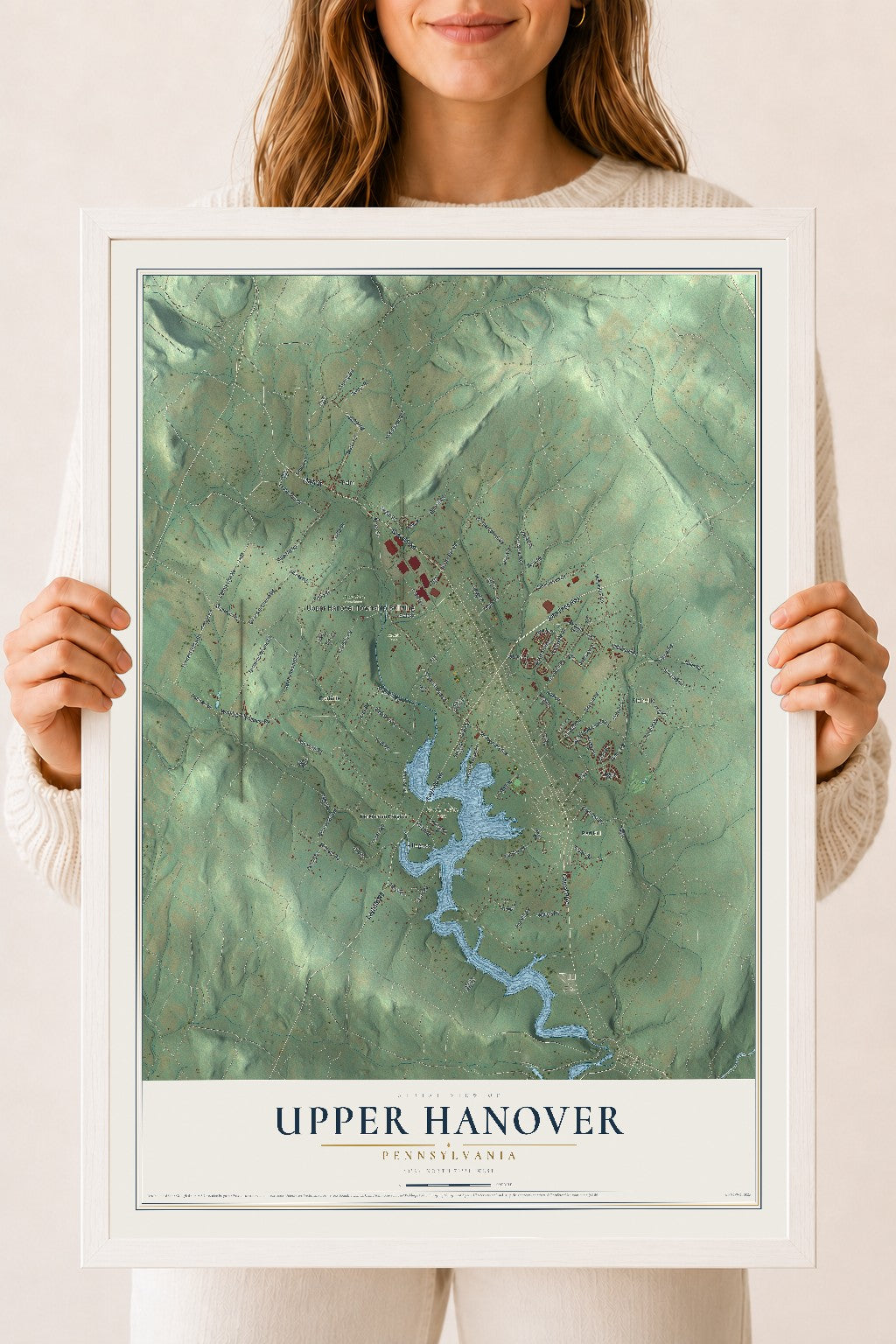 Map of Upper Hanover, Pennsylvania, 18 x 24 inch print in a white wood frame