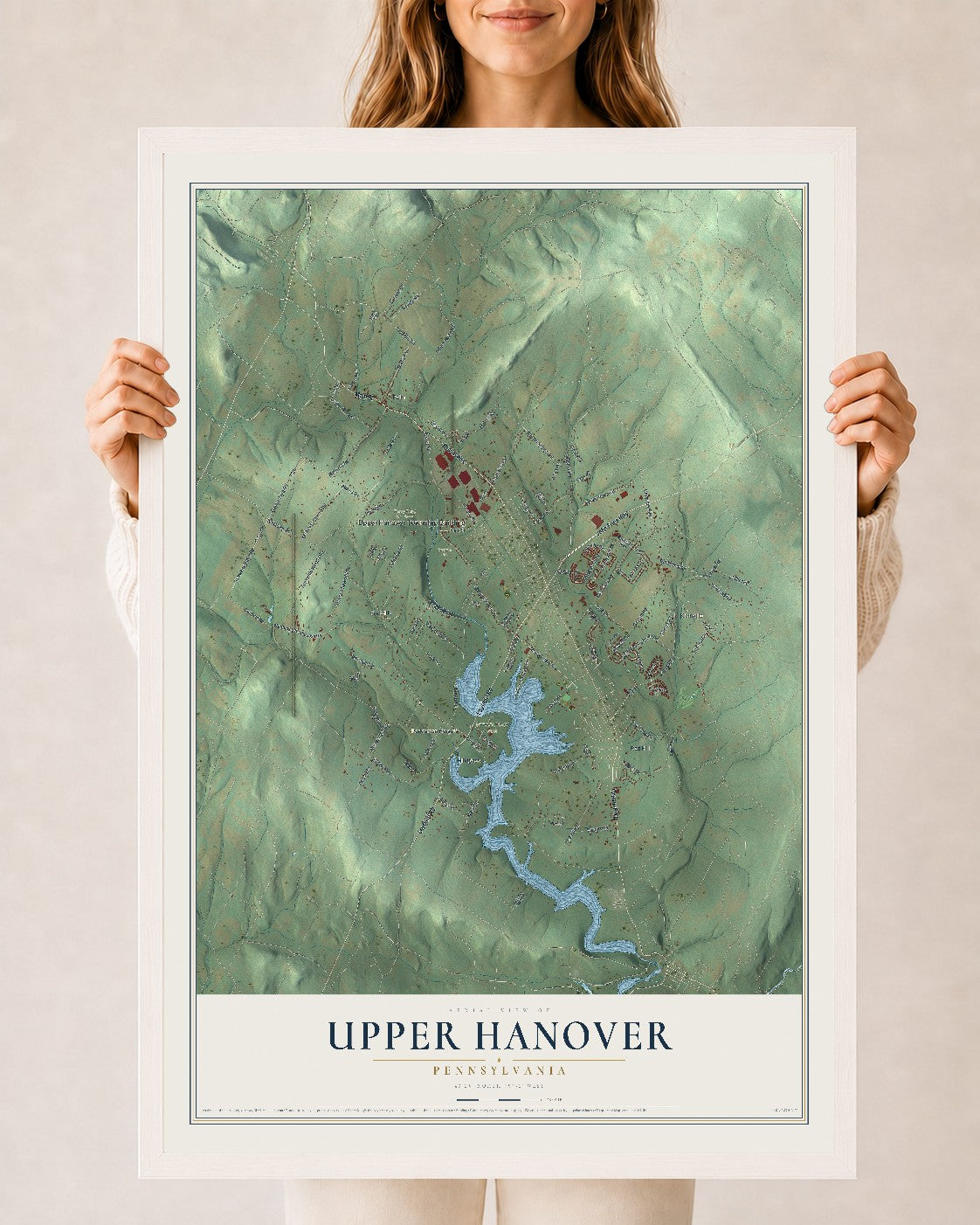 Map of Upper Hanover, Pennsylvania, 24 x 36 inch print in a white wood frame