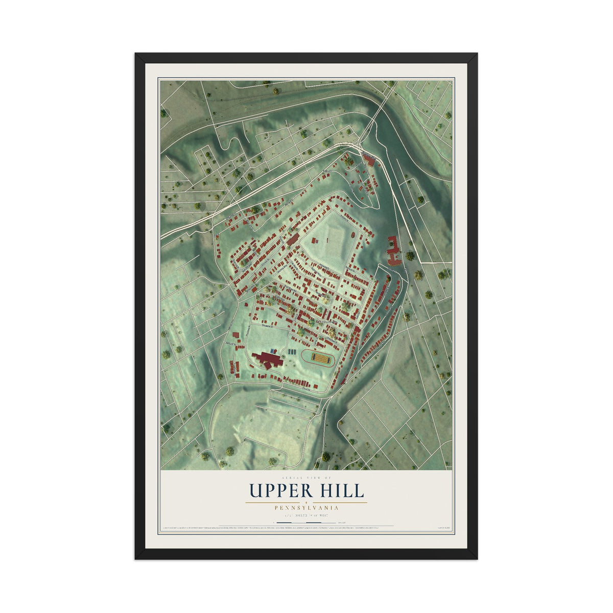 Map of Upper Hill, Pennsylvania, 12 x 18 inch print in a black wood frame
