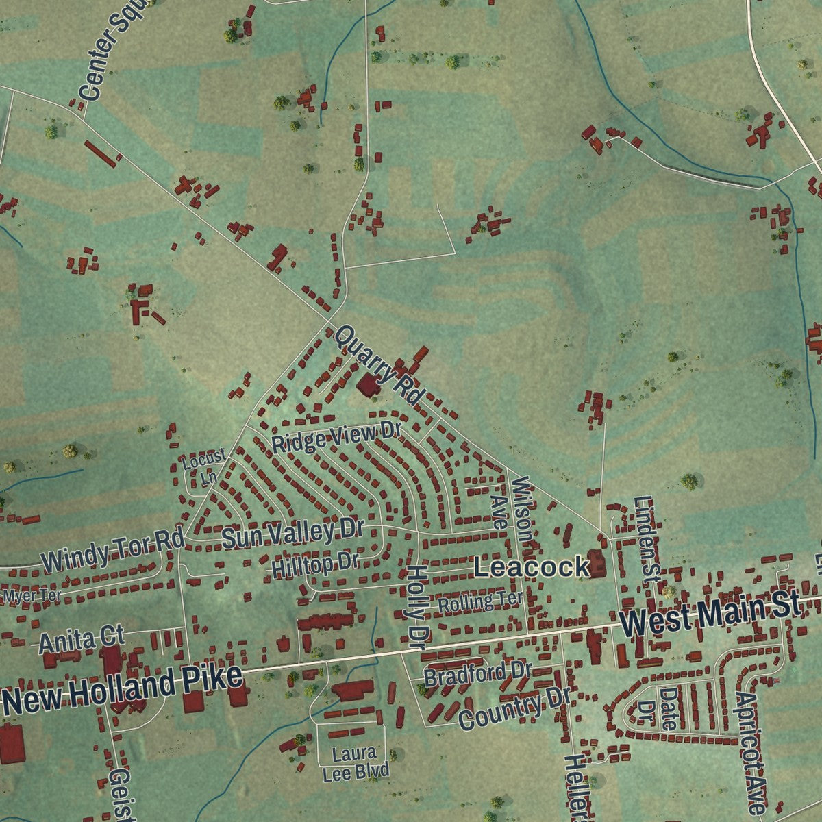 Second close-up of the map of Upper Leacock, Pennsylvania print showing more streets and buildings