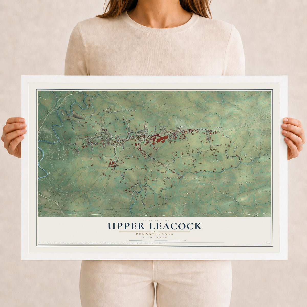 Map of Upper Leacock, Pennsylvania, 12 x 18 inch print in a white wood frame