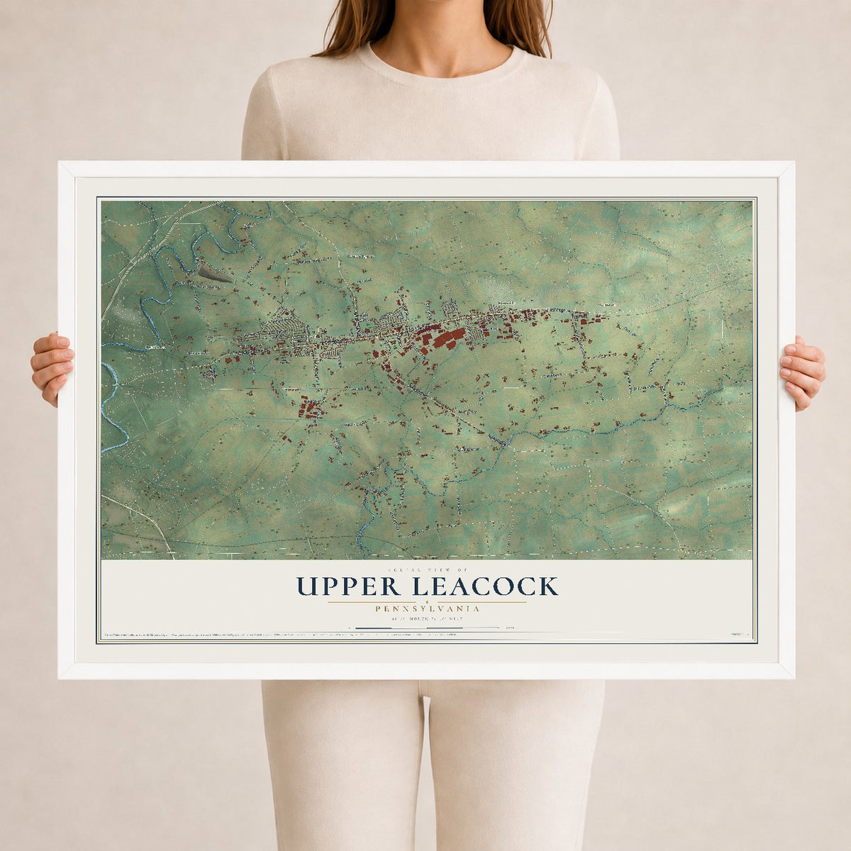 Map of Upper Leacock, Pennsylvania, 24 x 36 inch print in a white wood frame