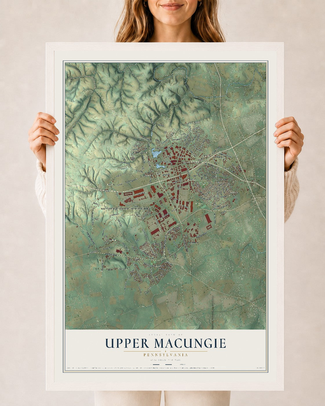 Map of Upper Macungie, Pennsylvania, 24 x 36 inch print in a white wood frame