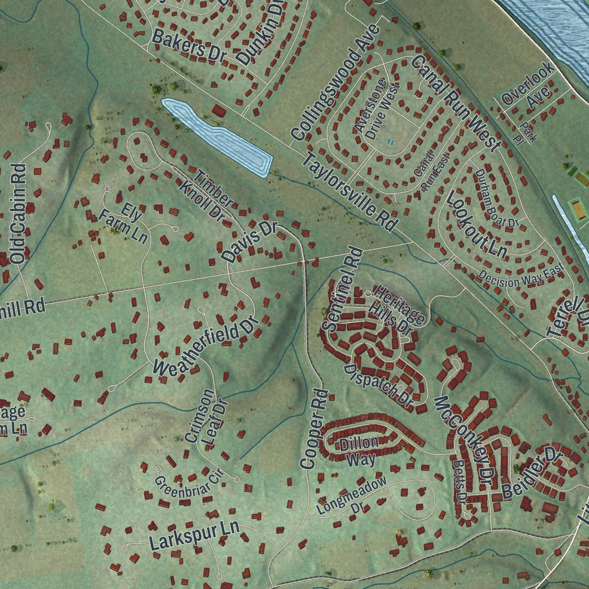 Close-up of the map of Upper Makefield, Pennsylvania print showing street and building detail