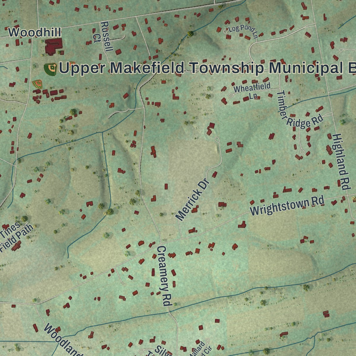 Second close-up of the map of Upper Makefield, Pennsylvania print showing more streets and buildings
