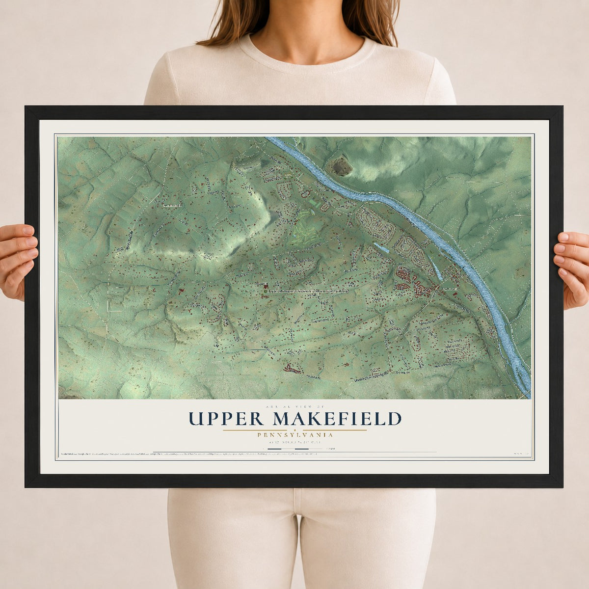 Map of Upper Makefield, Pennsylvania, 18 x 24 inch print in a black wood frame