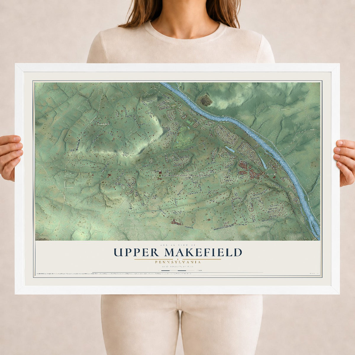 Map of Upper Makefield, Pennsylvania, 18 x 24 inch print in a white wood frame
