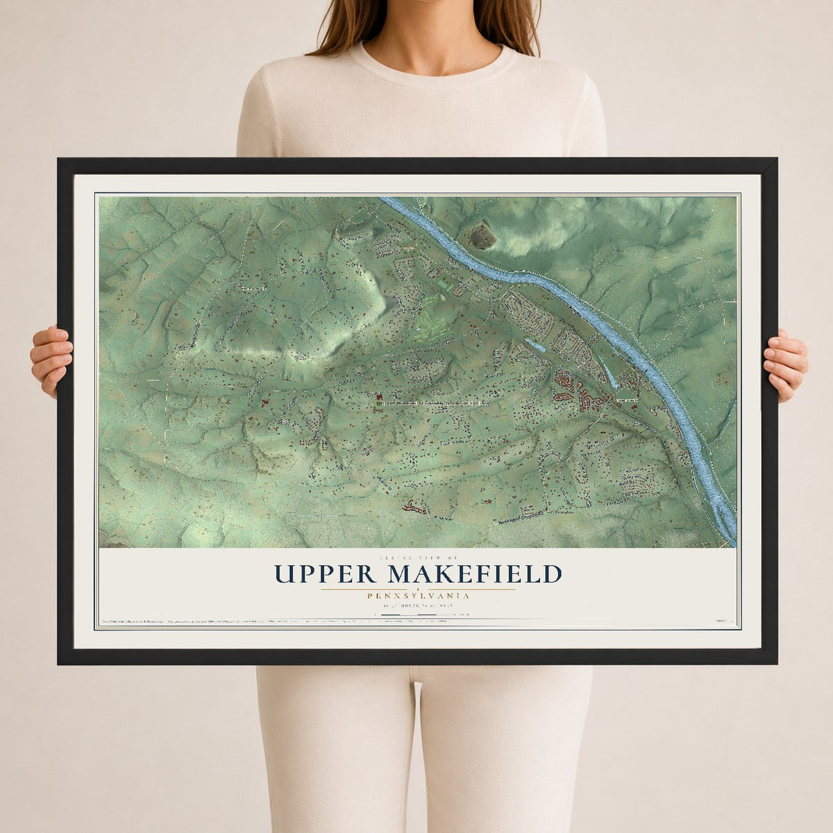 Map of Upper Makefield, Pennsylvania, 24 x 36 inch print in a black wood frame