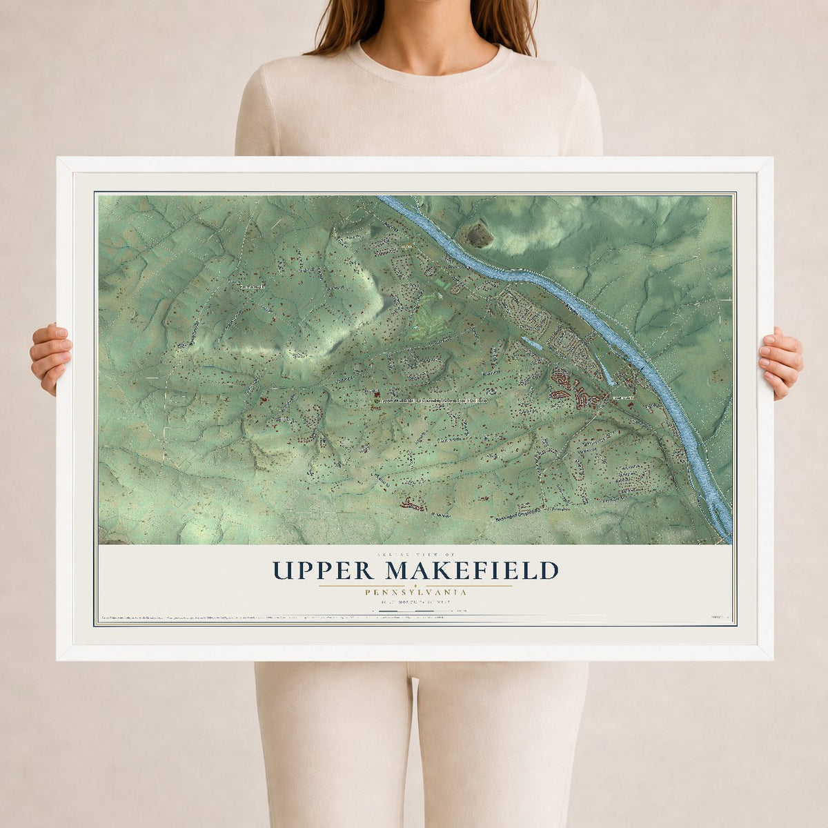 Map of Upper Makefield, Pennsylvania, 24 x 36 inch print in a white wood frame