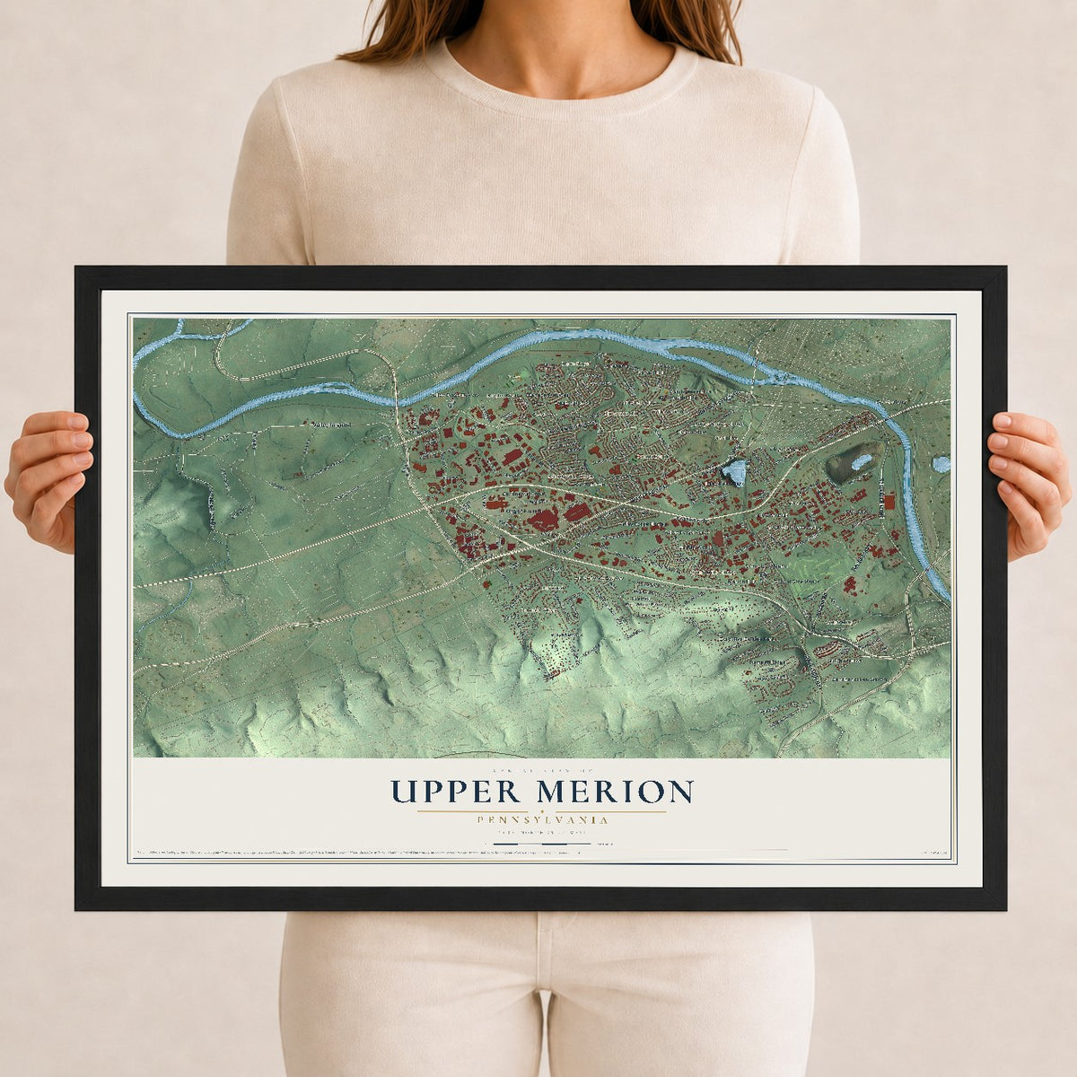 Map of Upper Merion, Pennsylvania, 12 x 18 inch print in a black wood frame