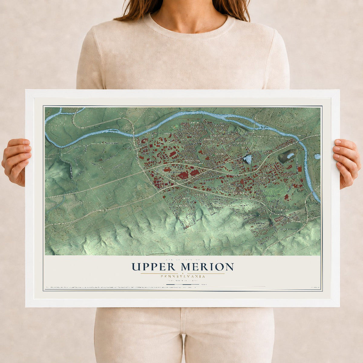 Map of Upper Merion, Pennsylvania, 12 x 18 inch print in a white wood frame