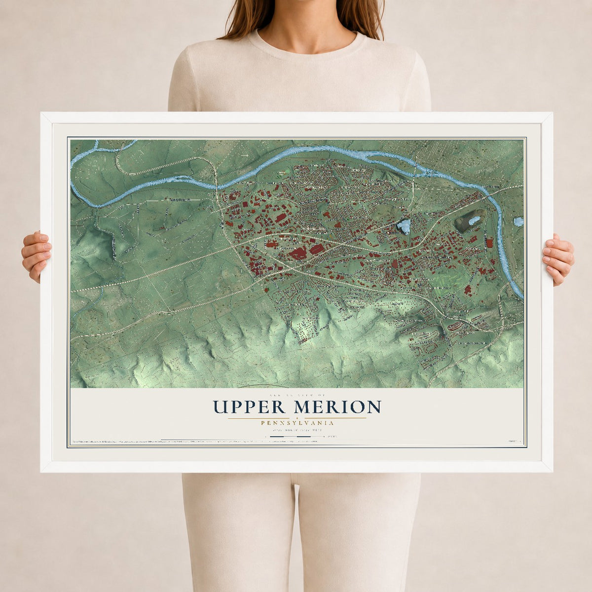 Map of Upper Merion, Pennsylvania, 24 x 36 inch print in a white wood frame