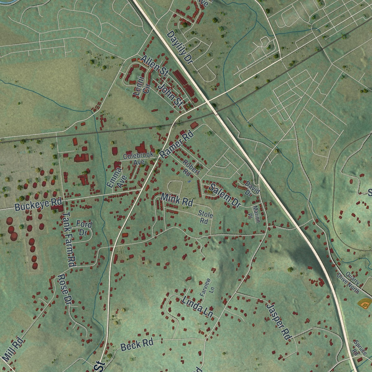 Close-up of the map of Upper Milford, Pennsylvania print showing street and building detail