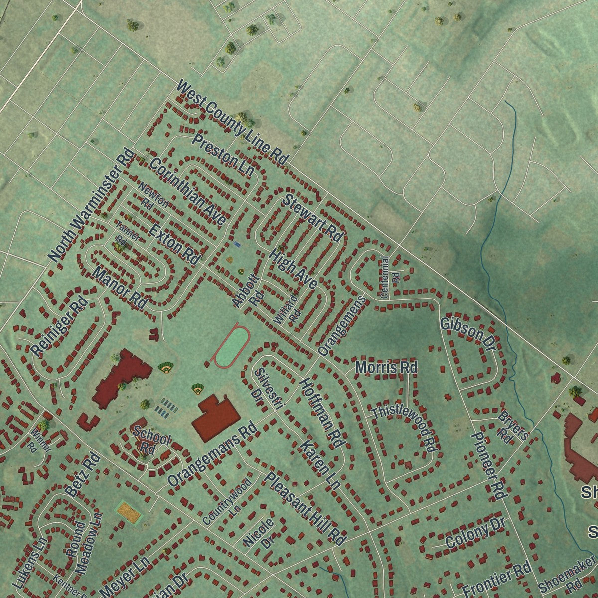 Second close-up of the map of Upper Moreland, Pennsylvania print showing more streets and buildings