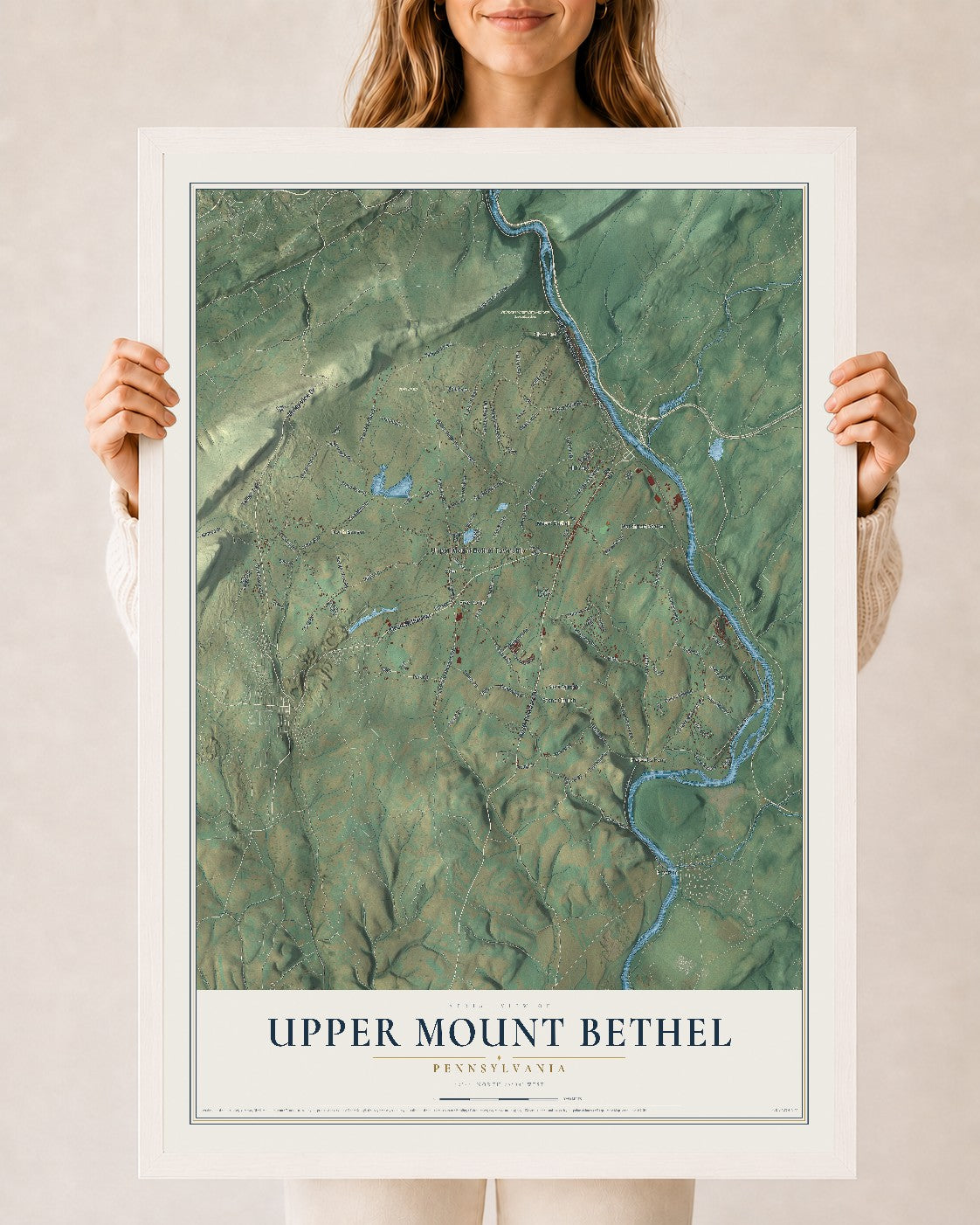 Map of Upper Mount Bethel, Pennsylvania, 24 x 36 inch print in a white wood frame