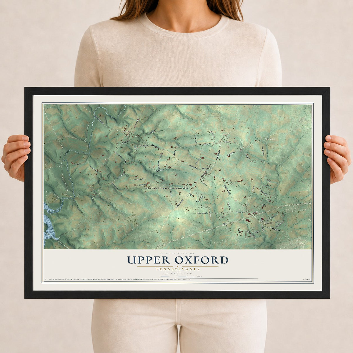 Map of Upper Oxford, Pennsylvania, 12 x 18 inch print in a black wood frame