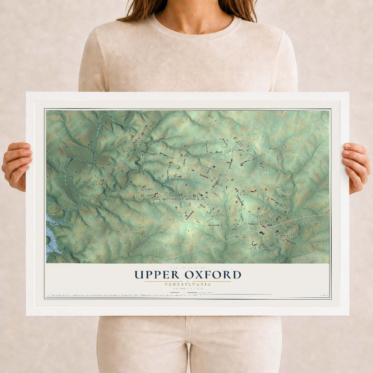 Map of Upper Oxford, Pennsylvania, 12 x 18 inch print in a white wood frame