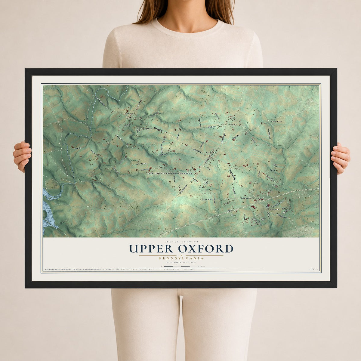 Map of Upper Oxford, Pennsylvania, 24 x 36 inch print in a black wood frame