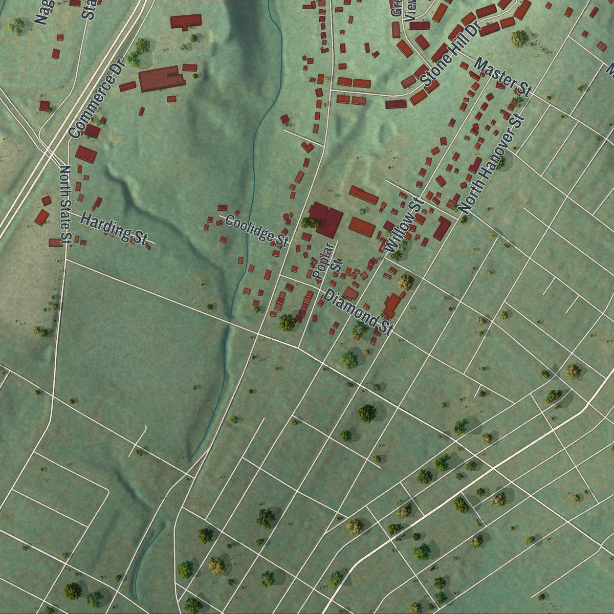 Second close-up of the map of Upper Pottsgrove, Pennsylvania print showing more streets and buildings