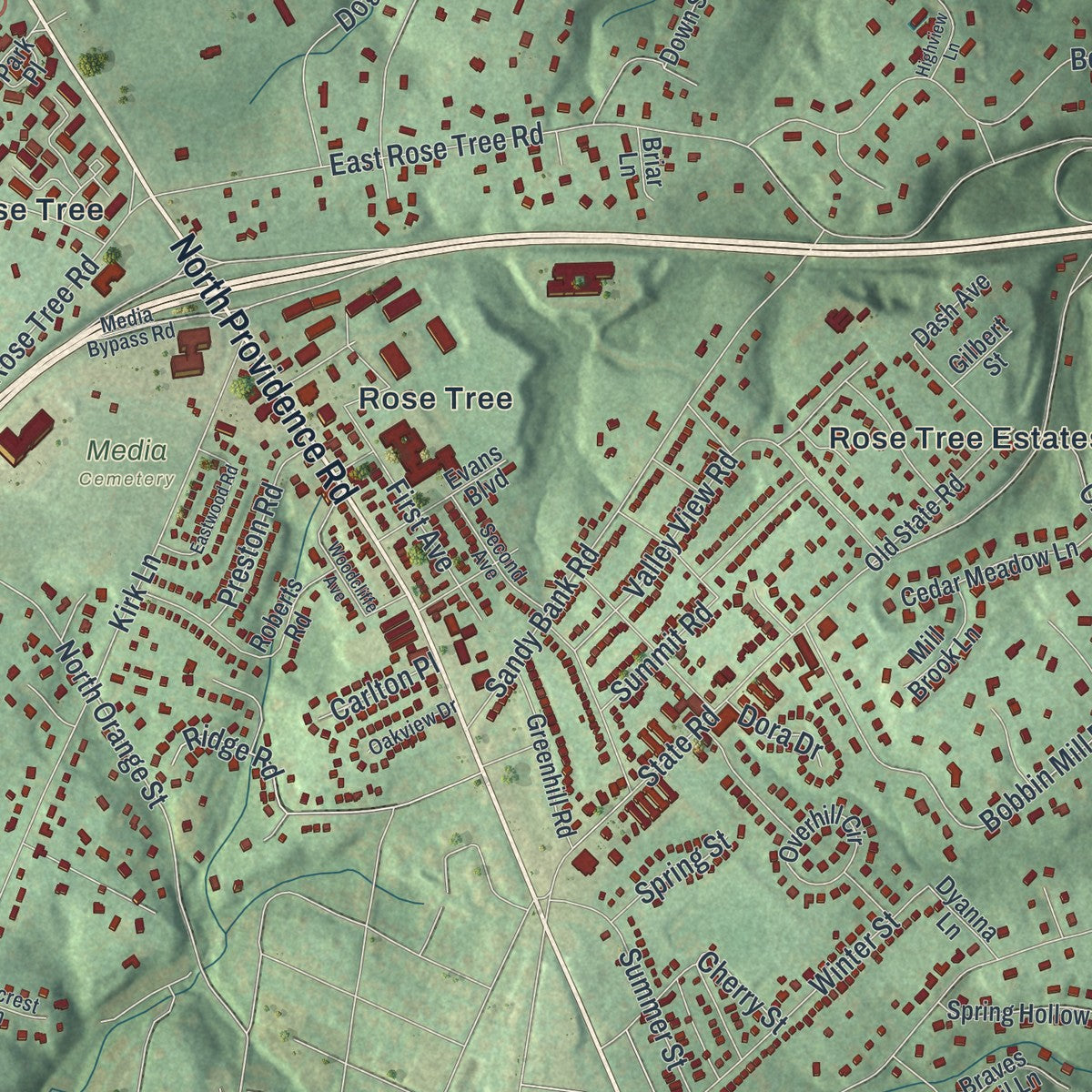Close-up of the map of Upper Providence, Delaware County, Pennsylvania print showing street and building detail