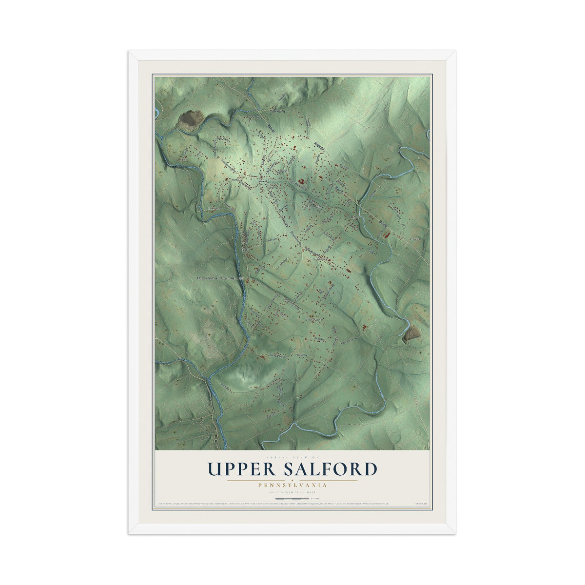 Map of Upper Salford, Pennsylvania, 12 x 18 inch print in a white wood frame