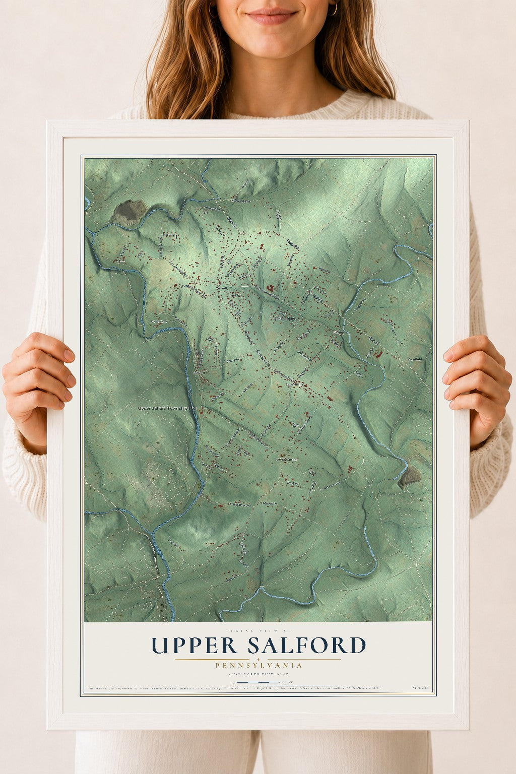 Map of Upper Salford, Pennsylvania, 18 x 24 inch print in a white wood frame