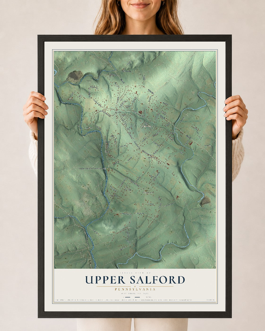 Map of Upper Salford, Pennsylvania, 24 x 36 inch print in a black wood frame