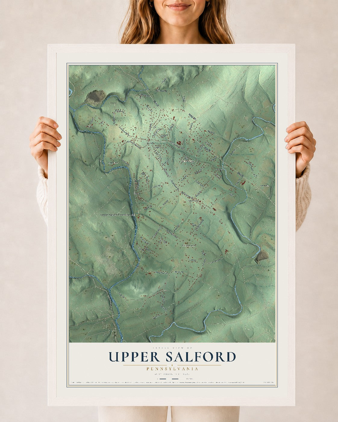 Map of Upper Salford, Pennsylvania, 24 x 36 inch print in a white wood frame