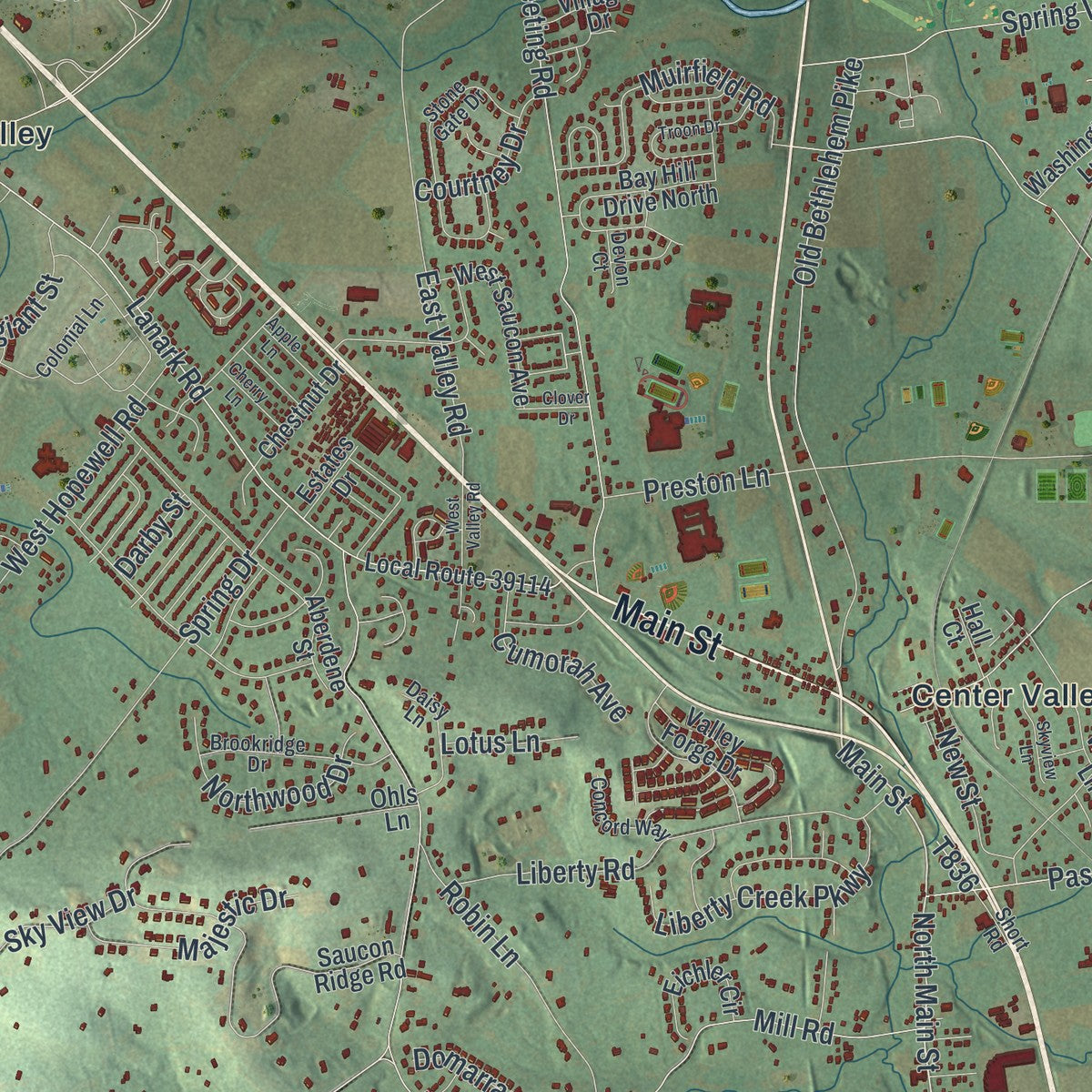 Close-up of the map of Upper Saucon, Pennsylvania print showing street and building detail