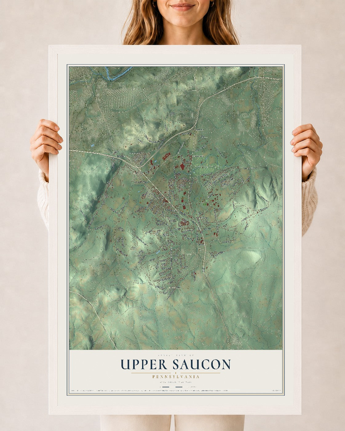 Map of Upper Saucon, Pennsylvania, 24 x 36 inch print in a white wood frame