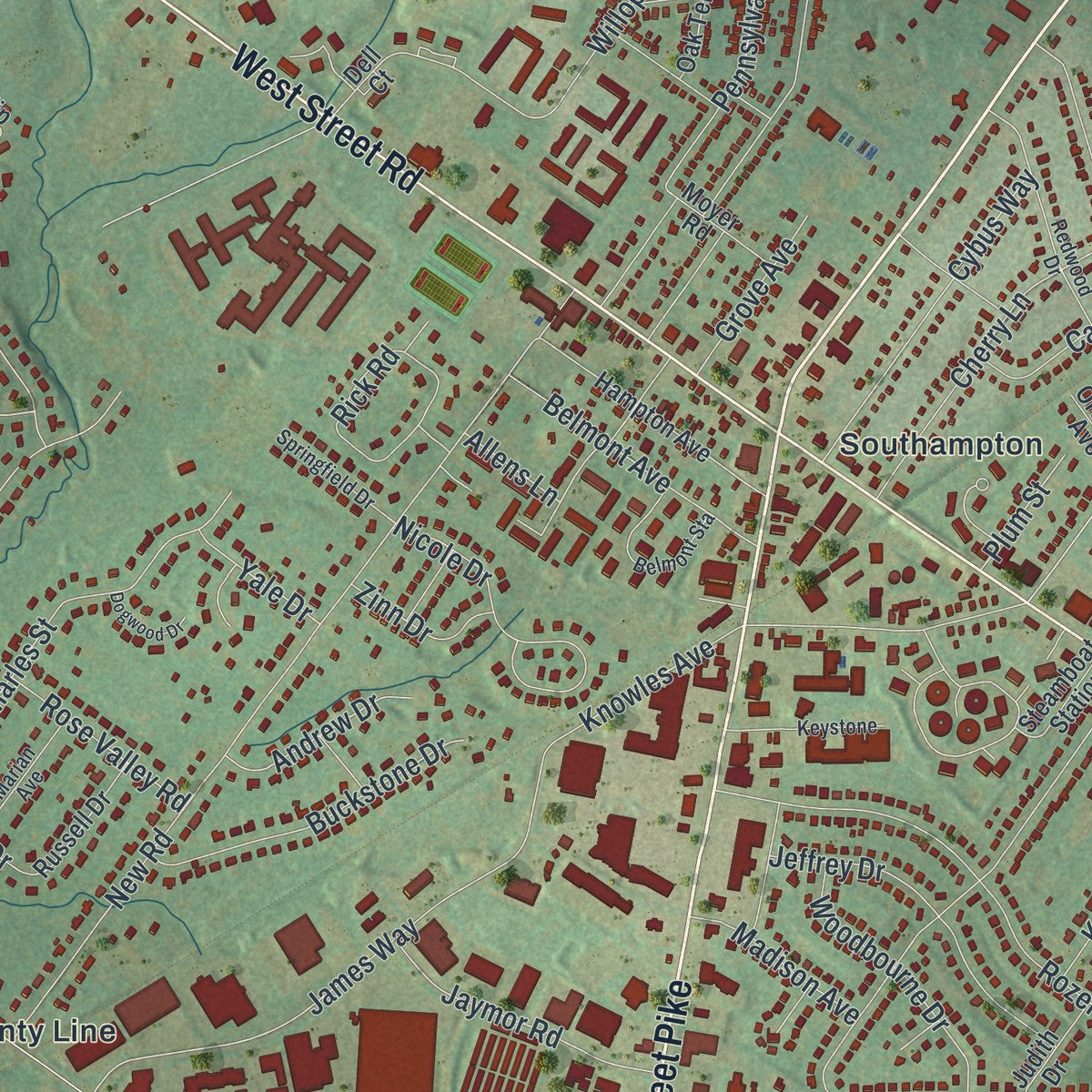 Close-up of the map of Upper Southampton, Pennsylvania print showing street and building detail