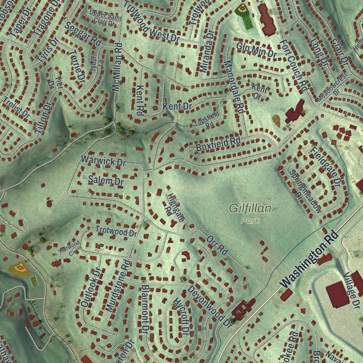 Second close-up of the map of Upper St. Clair, Pennsylvania print showing more streets and buildings