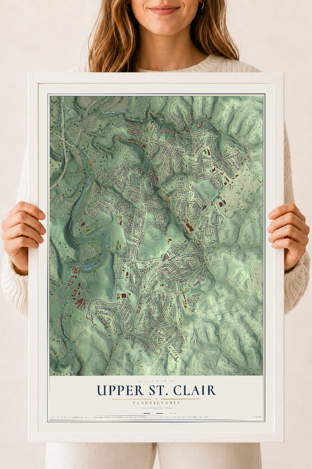 Map of Upper St. Clair, Pennsylvania, 18 x 24 inch print in a white wood frame