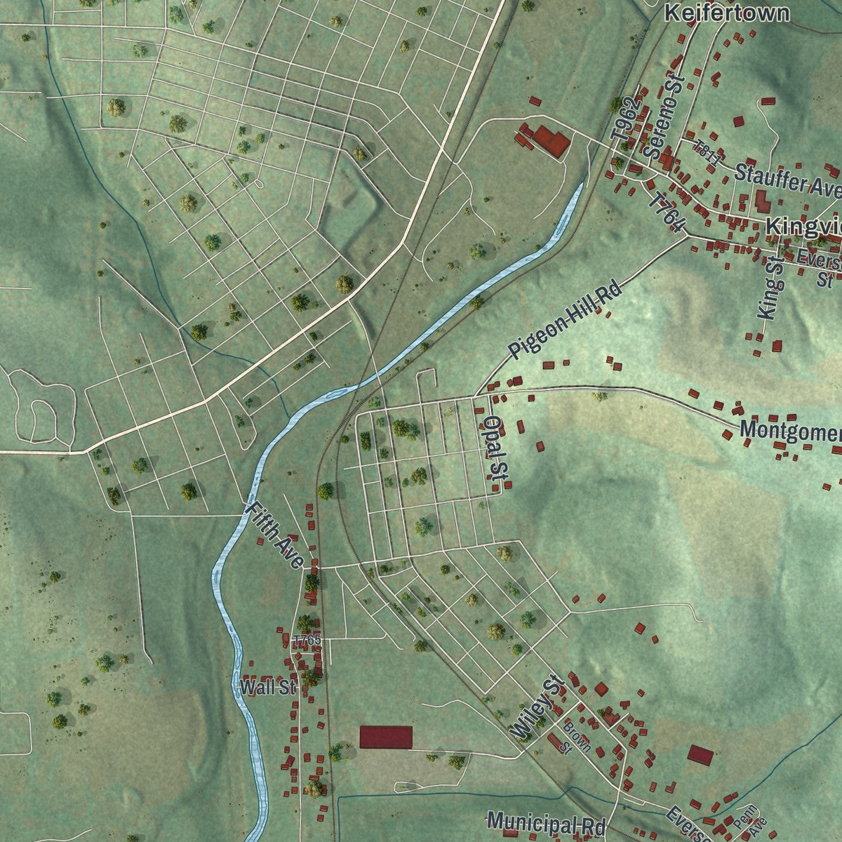 Close-up of the map of Upper Tyrone, Pennsylvania print showing street and building detail