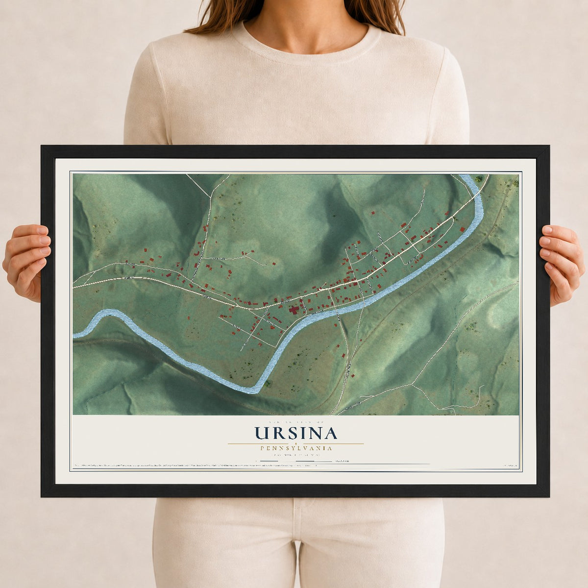 Map of Ursina, Pennsylvania, 12 x 18 inch print in a black wood frame