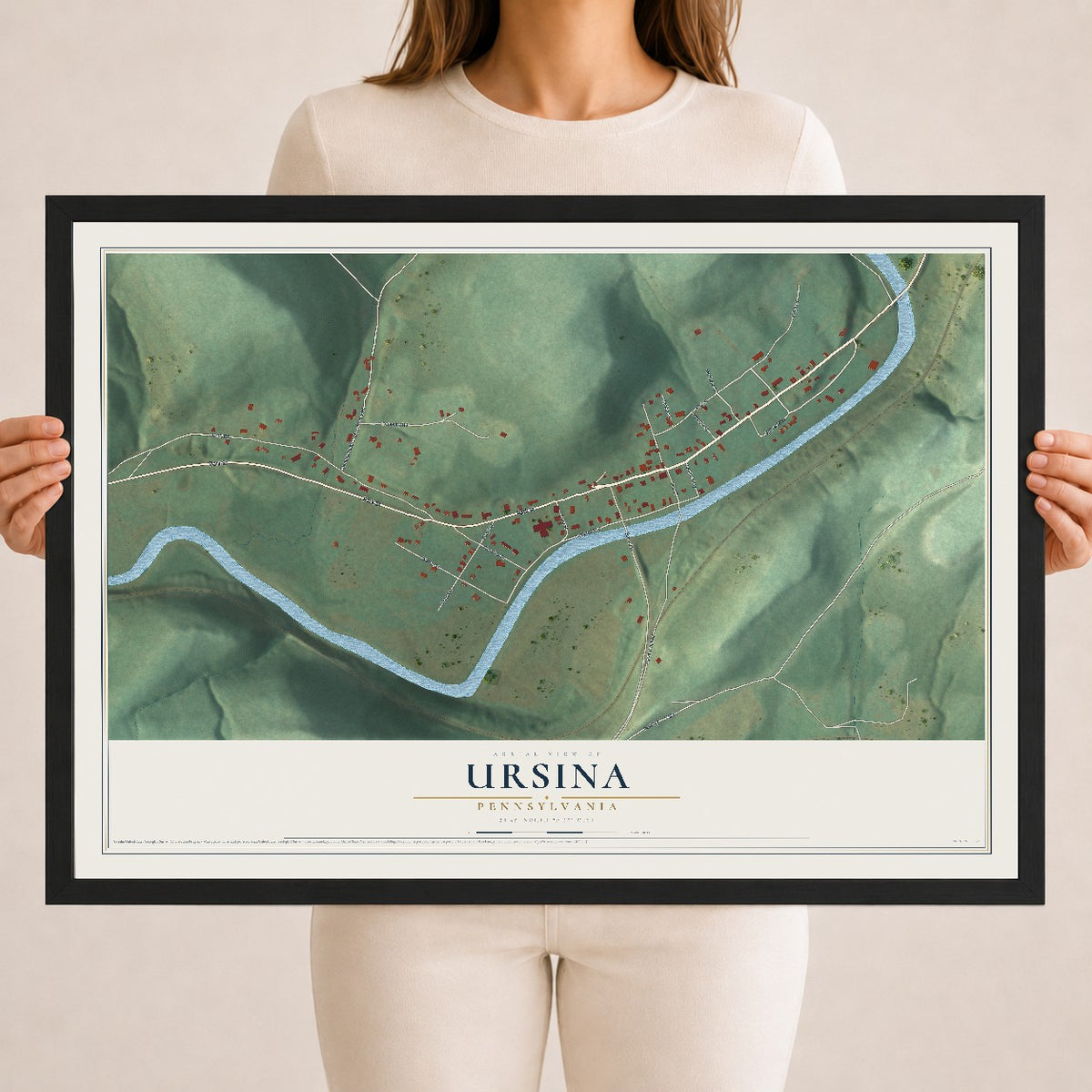 Map of Ursina, Pennsylvania, 18 x 24 inch print in a black wood frame