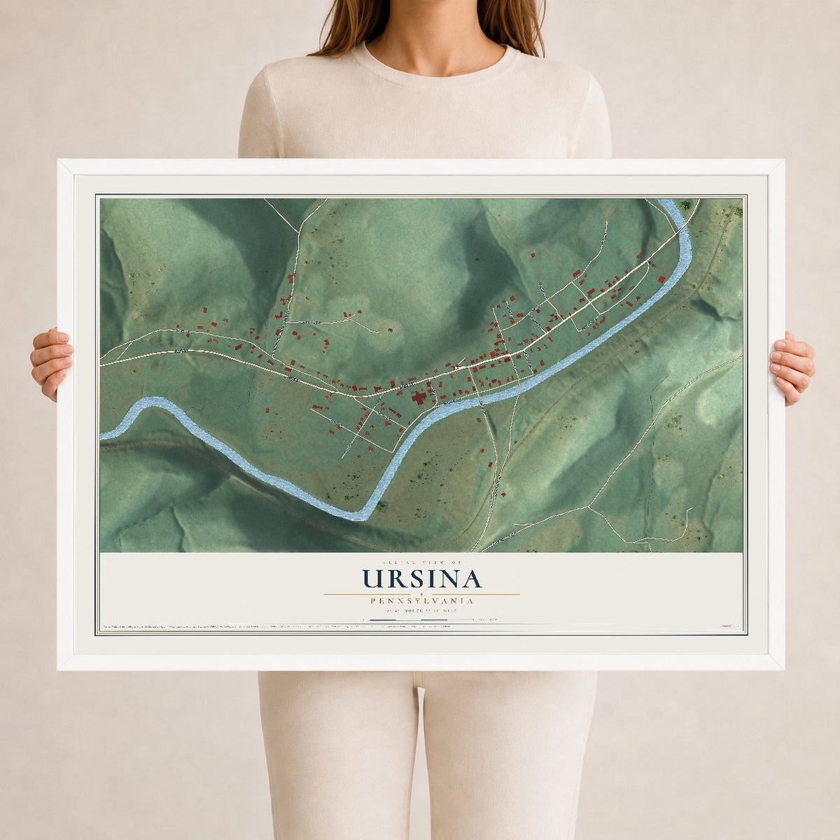 Map of Ursina, Pennsylvania, 24 x 36 inch print in a white wood frame