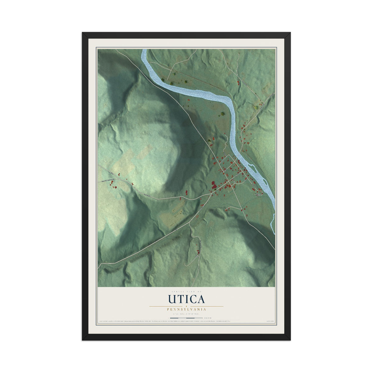 Map of Utica, Pennsylvania, 12 x 18 inch print in a black wood frame